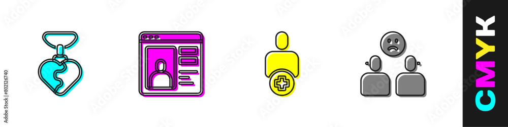 Set Necklace with heart shaped, Dating app online, Add to friend and Complicated relationship icon. Vector Set Necklace with heart shaped, Dating app online, Add to friend and Complicated relationship icon. Vector
