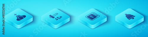 Set Isometric Church tower, Crucifixion of Jesus Christ, bell and Online church pastor preaching icon. Vector