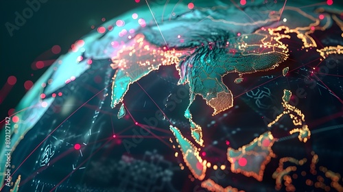 High-tech digital world map with glowing connections and data points, featuring the Americas and Europe.