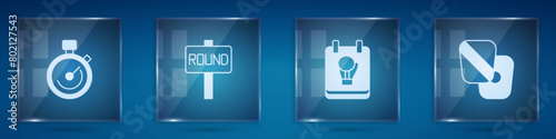 Set Stopwatch, Boxing ring board, glove and training paws. Square glass panels. Vector