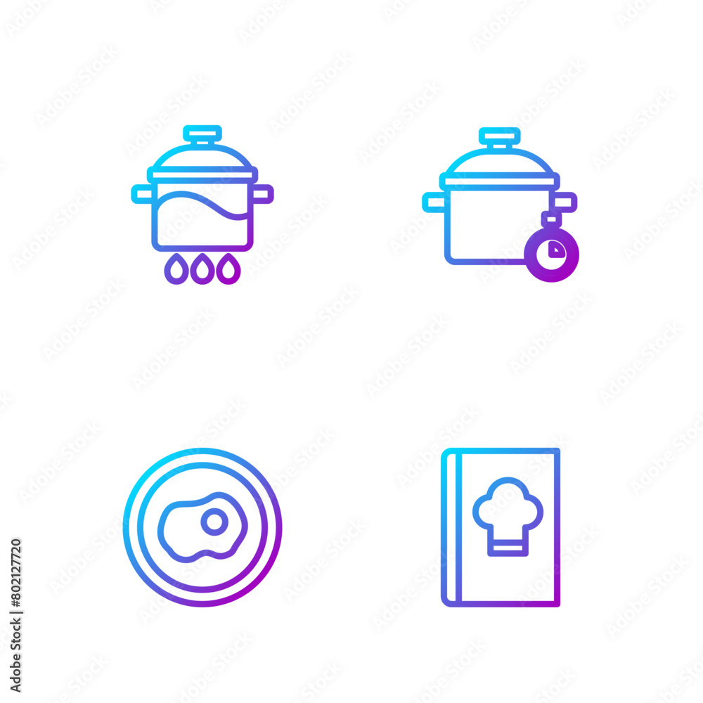 Set line Cookbook, Scrambled eggs, Cooking pot and . Gradient color icons. Vector Set line Cookbook, Scrambled eggs, Cooking pot and . Gradient color icons. Vector