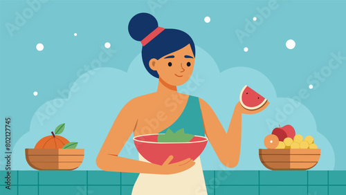 A woman dressed in sauna clothing enjoying a bowl of freshly chopped fruit while sweating out toxins in the sauna..