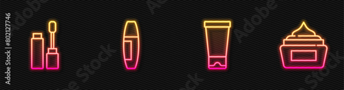 Set line Cream or lotion cosmetic tube, Mascara brush, and . Glowing neon icon. Vector