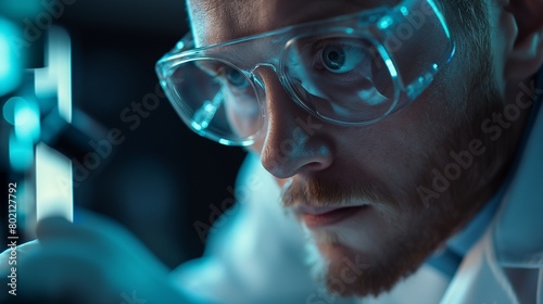 A scientist making a groundbreaking discovery, eyes widening in astonishment at the implications. photo