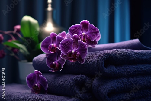 Spa towels and orchids  in the style of dark purple and dark gray Generative AI