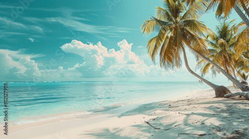 A beautiful beach with palm trees and a clear blue sky © Synthetica
