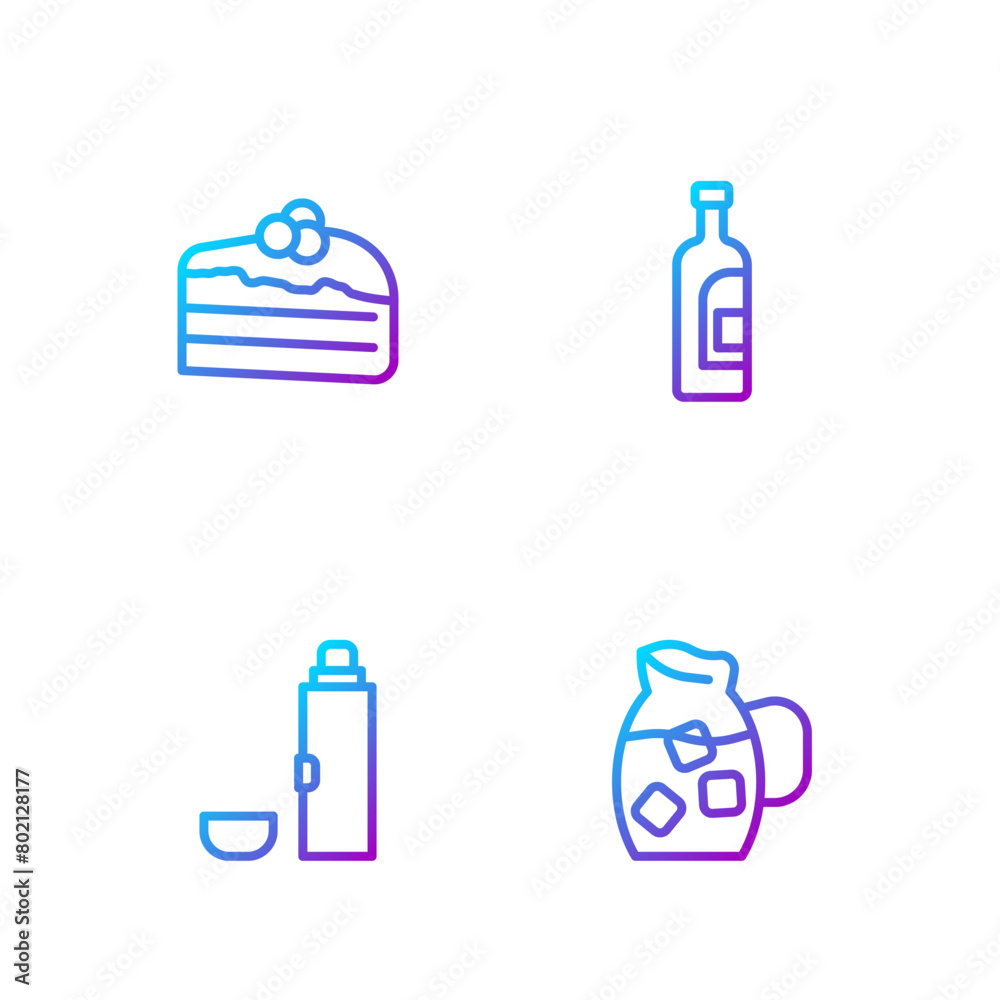 Set line Jug glass with water, Thermos container, Piece of cake and Bottle wine. Gradient color icons. Vector Set line Jug glass with water, Thermos container, Piece of cake and Bottle wine. Gradient color icons. Vector