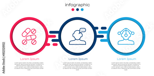 Set line Medicine pill or tablet, Online psychological counseling and Hypnosis. Business infographic template. Vector