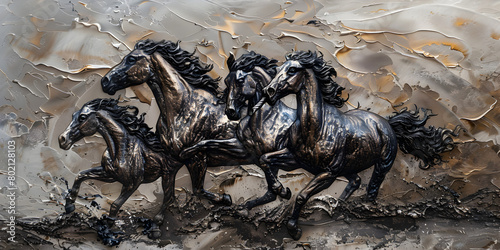 A picture of a marble wall with a luxurious pattern. This vibrant photograph showcases a chestnut horse racing across a field, its mane whipping in the wind against a backdrop of dramatic clouds.