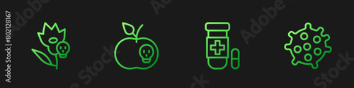 Set line Antidote, Poison flower, apple and Bacteria. Gradient color icons. Vector