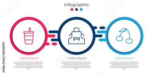 Set line Paper glass with water, Kitchen apron and Cherry. Business infographic template. Vector