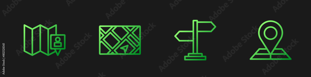 Set line Road traffic sign, Folded map with location marker, Gps device and . Gradient color icons. Vector