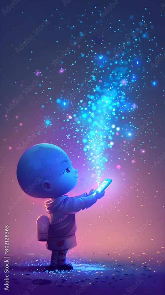 Naklejka premium A young boy is holding a tablet in his hand, and a blue light is shining on him. Concept of wonder and curiosity, as the boy is likely exploring the tablet's features and content. Generative AI