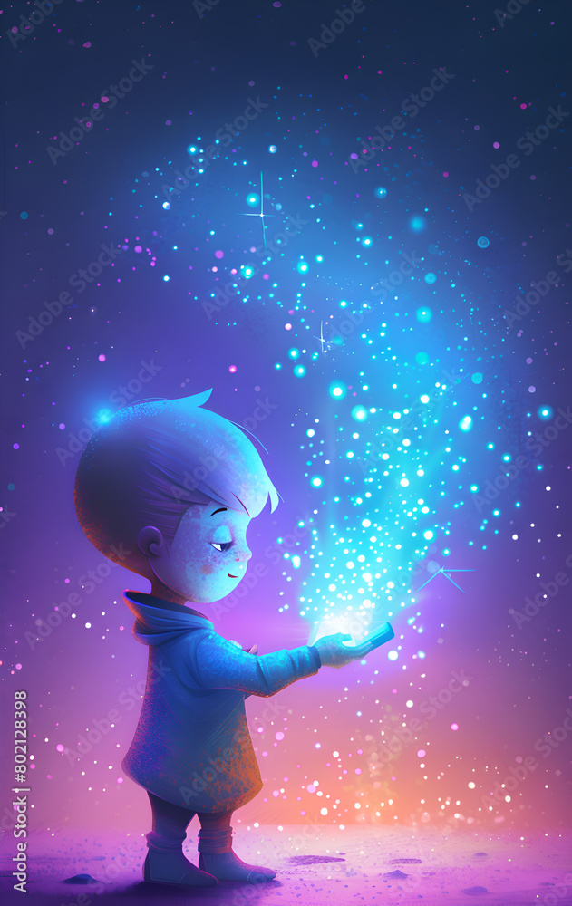 A young boy is holding a tablet in his hand, and a blue light is shining on him. Concept of wonder and curiosity, as the boy is likely exploring the tablet's features and content. Generative AI A young boy is holding a tablet in his hand, and a blue light is shining on him. Concept of wonder and curiosity, as the boy is likely exploring the tablet's features and content. Generative AI