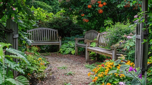 Charming garden nook with quaint wooden benches nestled among vibrant foliage, creating a tranquil oasis for visitors.