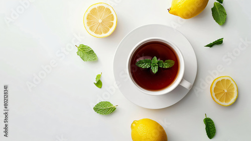 Cup of hot tea with lemon and mint on white background