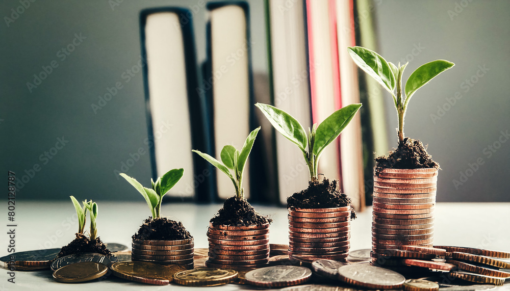 growing money coins , stock exchange on background growing money coins , stock exchange on background
