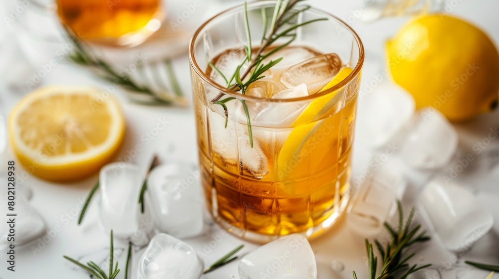 Iced tea or alcoholic cocktail with ice, rosemary and lemon slices on the white table. Fresh healthy cold lemon beverage. Tea with ice and lemon.