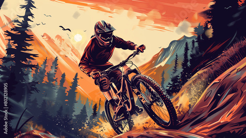 Mountain Biking - A mountain biker racing down a rugged trail, dirt flying around as they navigate through natural obstacles photo