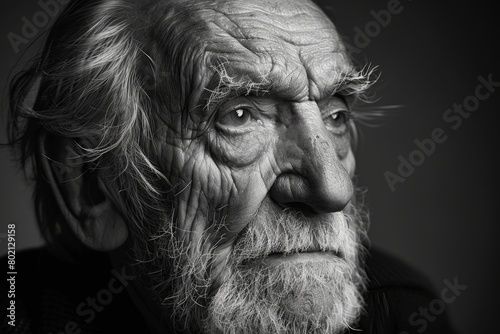 A black and white portrait capturing the character lines of an elderly man, exuding wisdom and experience