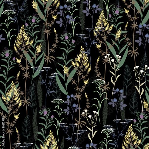 vector seamless pattern with wild flowers on a black background