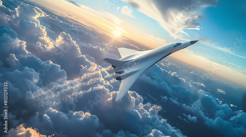 a hypersonic passenger airliner flying at high altitude above the clouds at sunset photo
