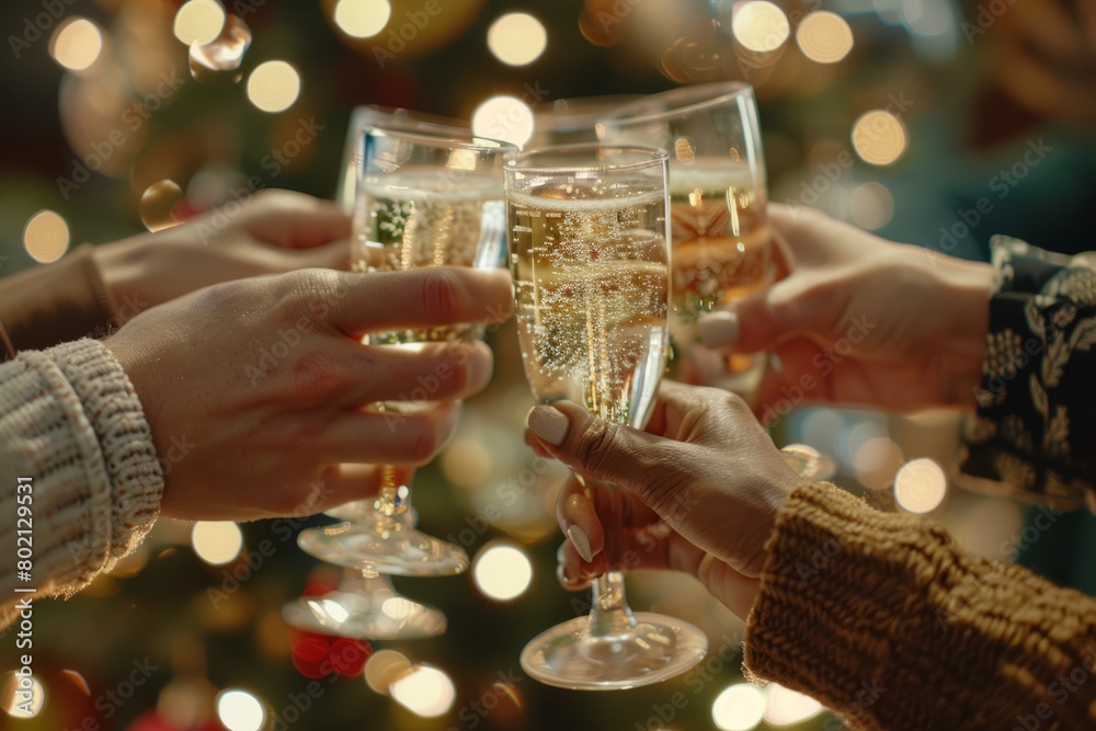 A group of friends celebrating with glasses of champagne, clinking and toasting in a joyous atmosphere