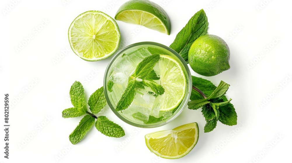 Mojito cocktail or soda drink with lime and mint isolated on white background. From top view Mojito cocktail or soda drink with lime and mint isolated on white background. From top view