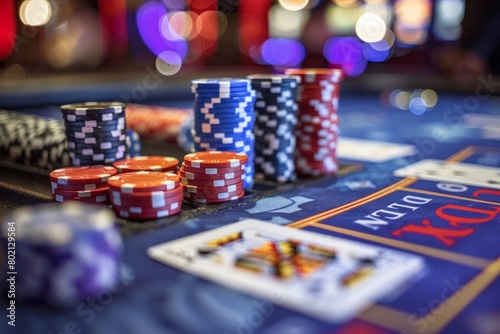 A closeup of a poker table in a casino, showcasing neatly arranged cards and chips