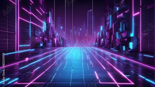 Neon glow light lines design on perspective floor with cyan blue and purple grids; cyberpunk, digital, internet, and virtual reality concept; high-tech abstract background. Artificial Intelligence 