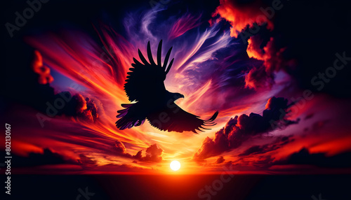 Skyfire Soar: Eagle at Sunset photo