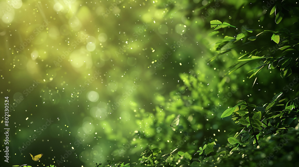 Lush forest green particles swaying gracefully amidst a blurred setting, capturing the essence of nature's tranquility.