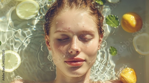 A woman relaxes in a pool, her face serene amidst floating lemon and lime slices, with sunlight dappling her skin.