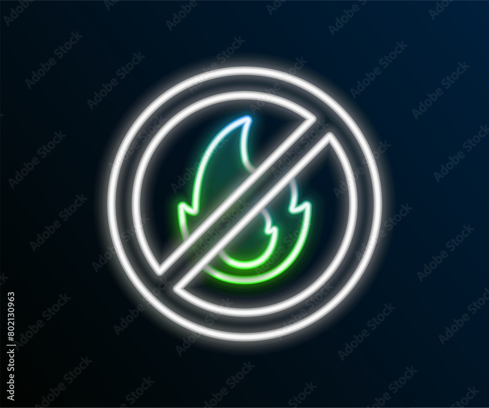 Glowing neon line No fire icon isolated on black background. Fire prohibition and forbidden. Colorful outline concept. Vector Glowing neon line No fire icon isolated on black background. Fire prohibition and forbidden. Colorful outline concept. Vector