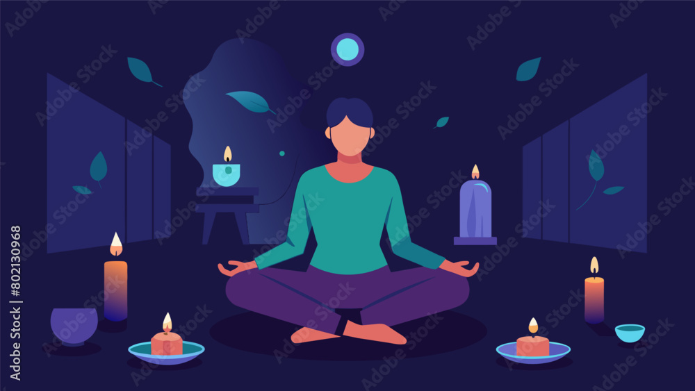 A patient sitting in a quiet room surrounded by the gentle glow of candles as she practices mindfulness meditation and finds comfort in the present.