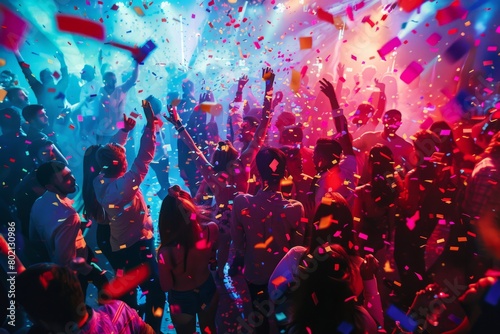 A lively scene where a group of people are dancing and celebrating at a party surrounded by neon-colored confetti and streamers