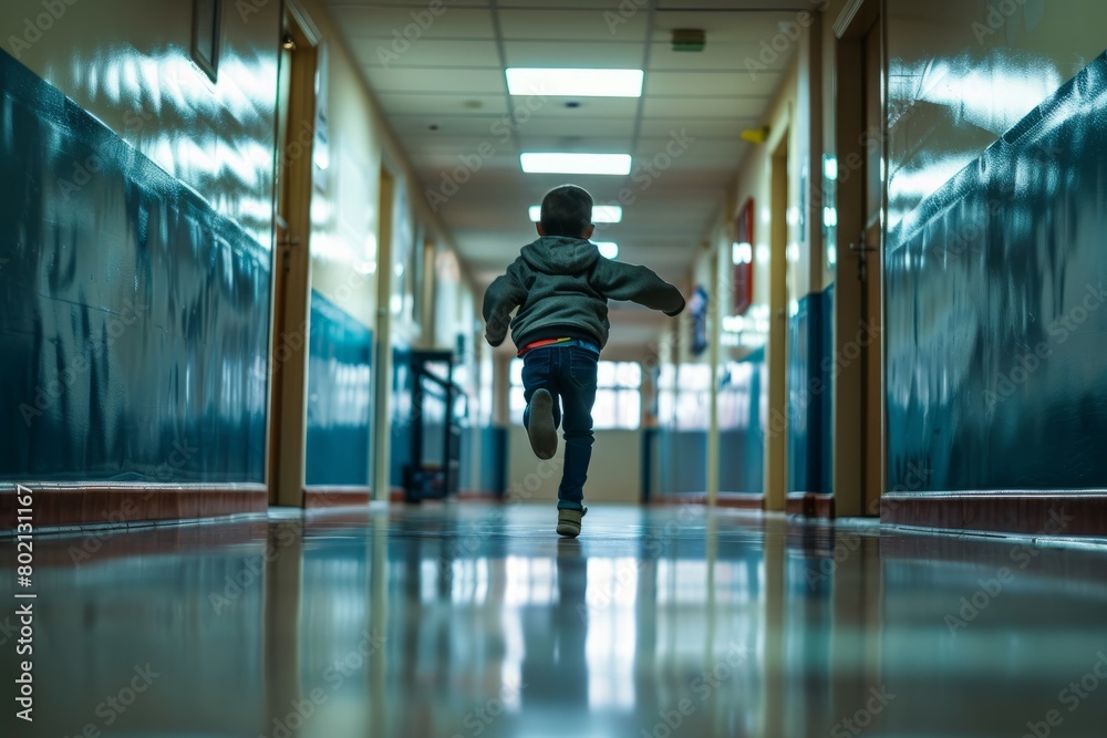 A child sprinting down a school hallway captured from a low angle perspective