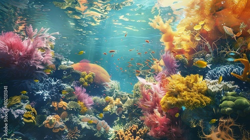 Generate a vibrant and detailed image of a coral reef teeming with diverse marine life