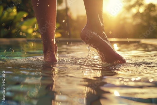 A person with dewy skin stands at the edge of a pool  dipping their feet into the water