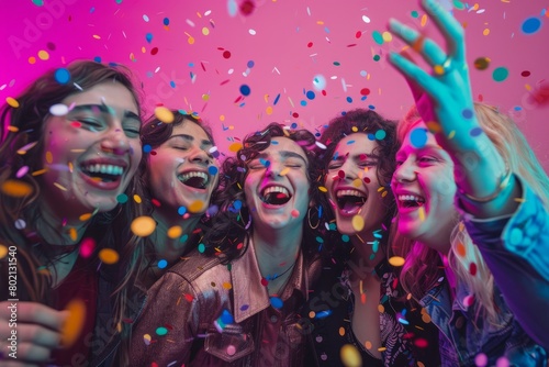 A group of women joyfully laughing and throwing neon confetti in the air during a celebration