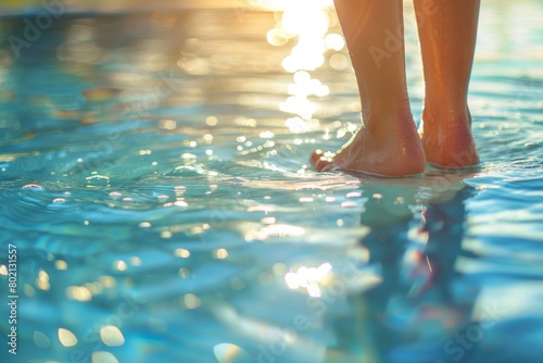 Close-up of a womans feet in the water as she stands at the edge of a pool, dipping her toes photo