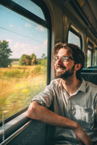 A man with glasses is smiling as he looks out the window of a train
