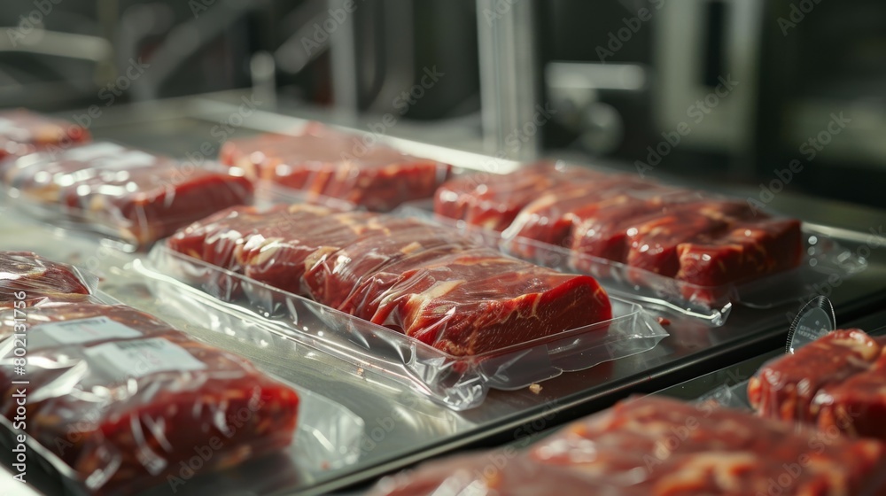 the packaging process, with freshly cut beef products being vacuum-sealed or wrapped for freshness