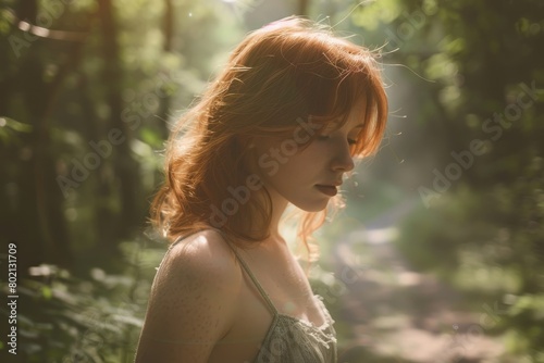 A red-haired woman is standing in a forest with sunlight filtering through the trees around her