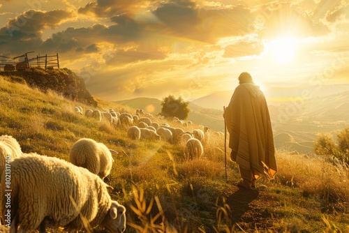 A shepherd-like man, Jesus Christ, stands on a lush green hillside with golden sunlight casting a warm glow photo