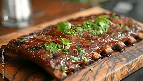 Classic American BBQ Pork Ribs with Sticky Spicy Glaze on a Wooden Board. Concept American Cuisine, BBQ Ribs, Sticky Spicy Glaze, Wooden Board, Food Photography photo