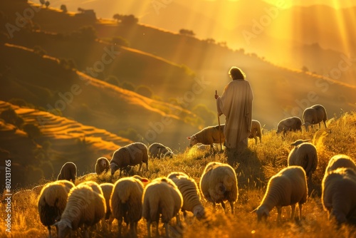 A man, likely a shepherd, stands atop a hill, overlooking a flock of sheep under the golden sunlight