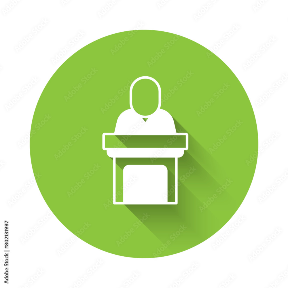 White Church pastor preaching icon isolated with long shadow background. Green circle button. Vector White Church pastor preaching icon isolated with long shadow background. Green circle button. Vector