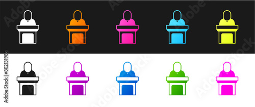 Set Church pastor preaching icon isolated on black and white background. Vector