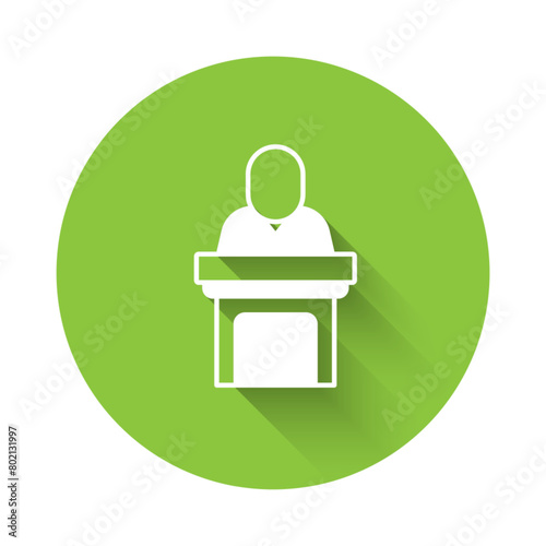 White Church pastor preaching icon isolated with long shadow background. Green circle button. Vector